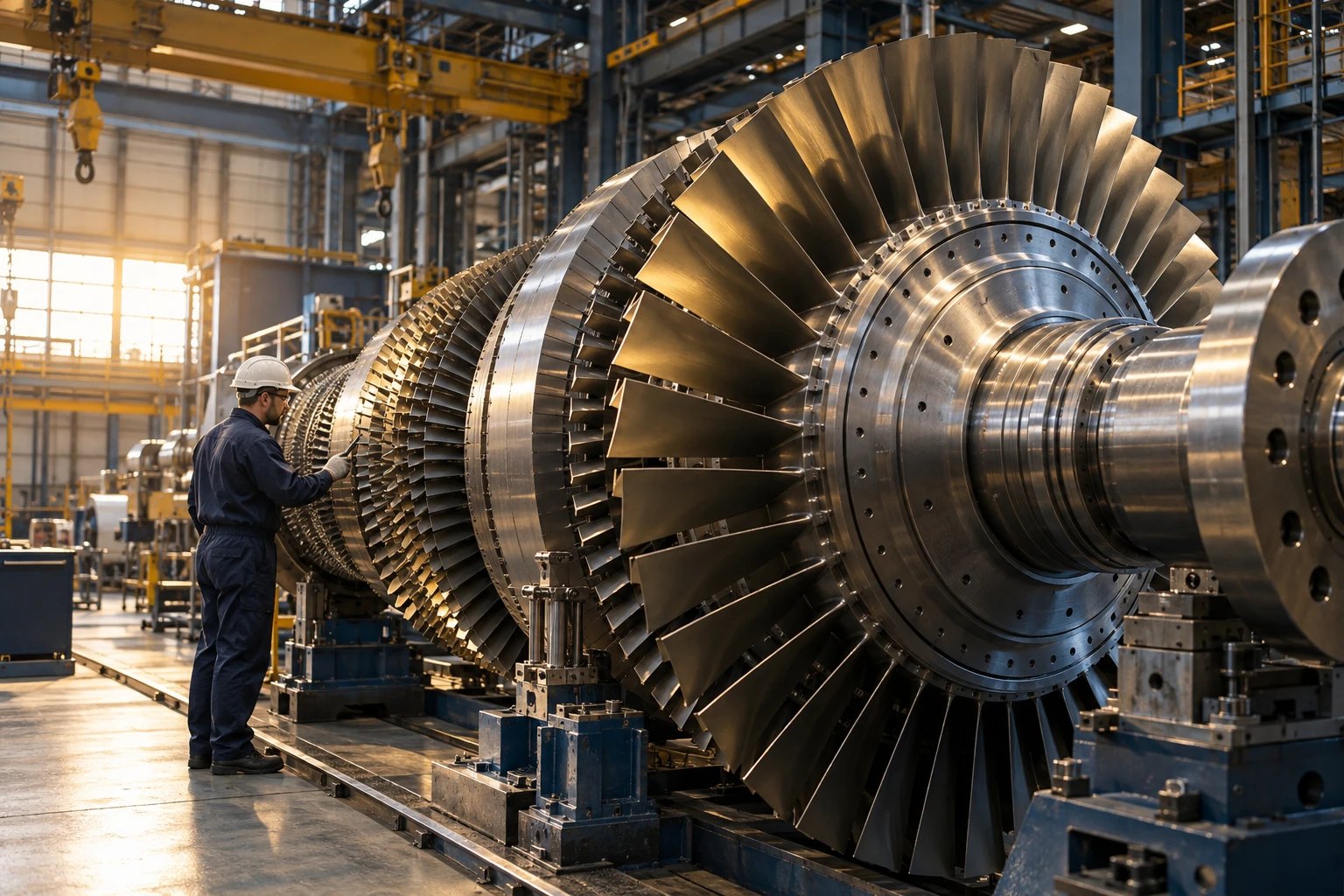 Engineer inspecting a large turbine in an industrial hall
