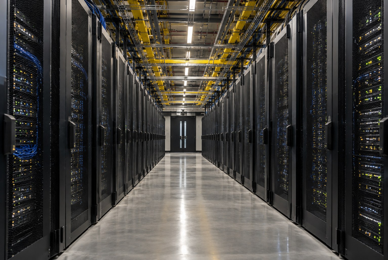 Rows of server cabinets along a polished data-centre cold aisle beneath overhead cable trays