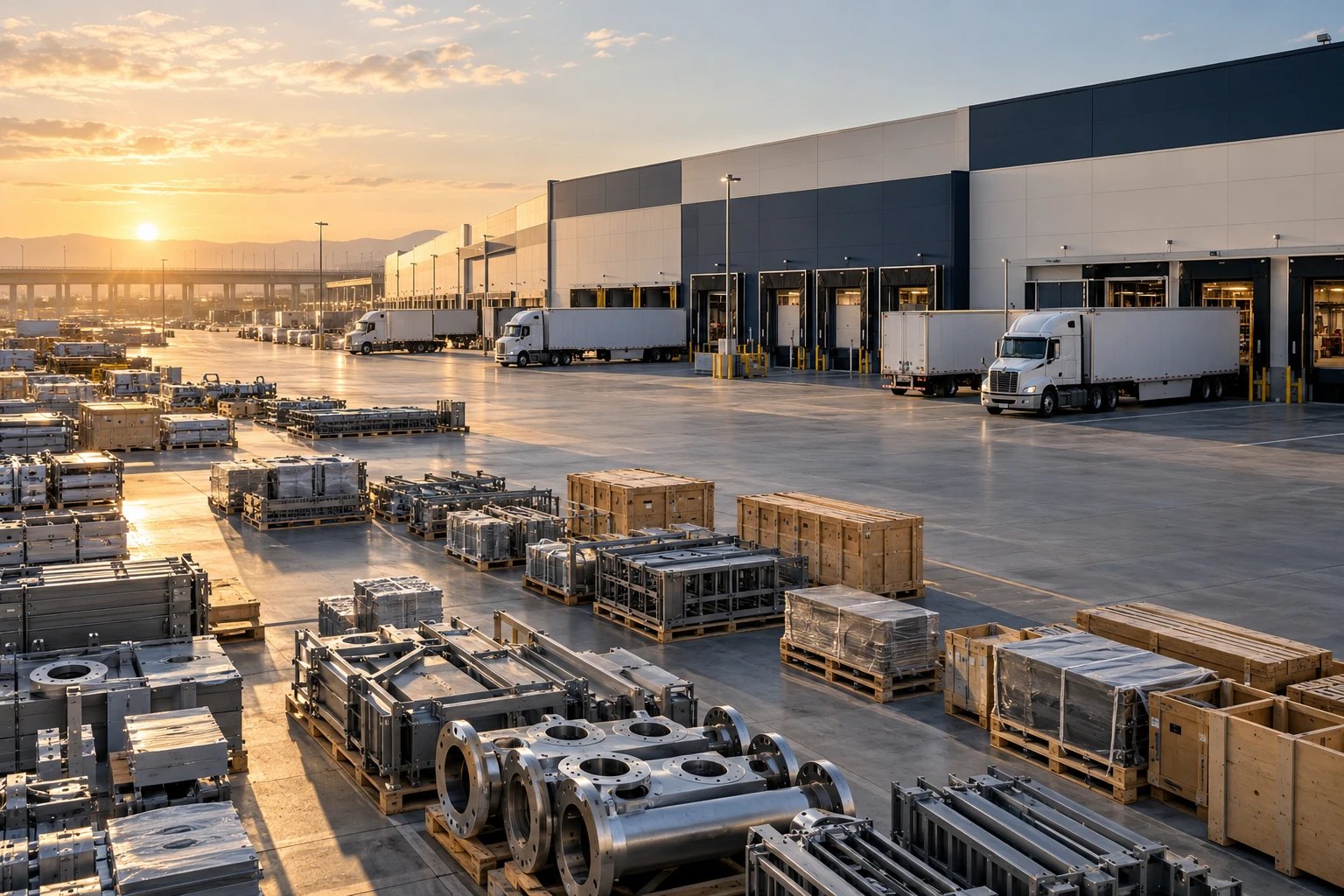 Palletised inventory and trucks at a logistics yard at sunset