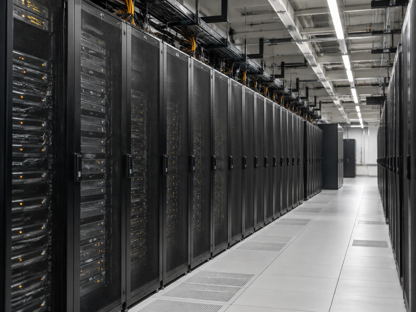 Rows of server cabinets in an operational data hall