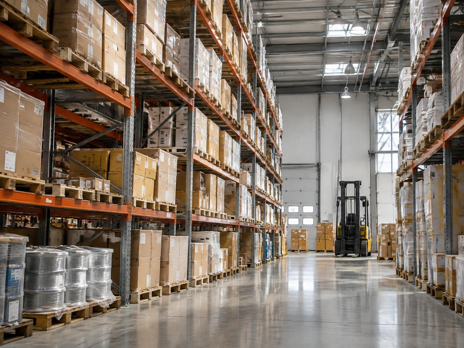 Racked inventory in a modern distribution warehouse