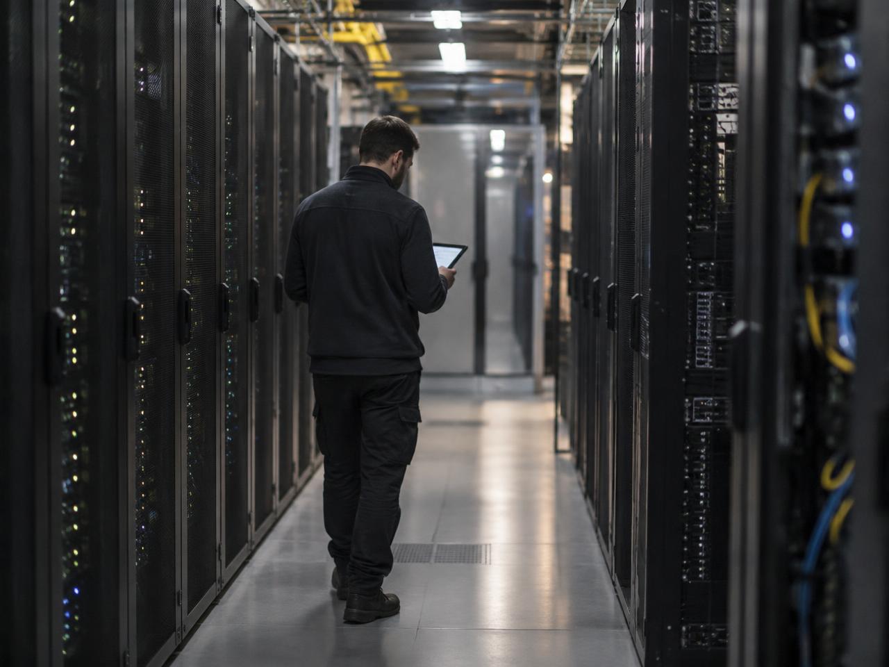 An engineer checking systems in a data-centre aisle